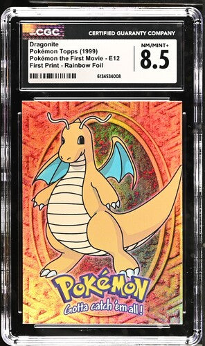 Dragonite Pokémon Topps 1999 English Pokémon the First Movie E12 First Print Rainbow Foil CGC 8.5