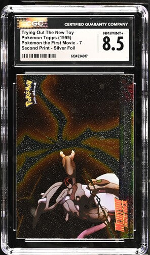 Trying Out The New Toy Pokémon Topps 1999 English Pokémon the First Movie 7 Second Print Silver Foil CGC 8.5