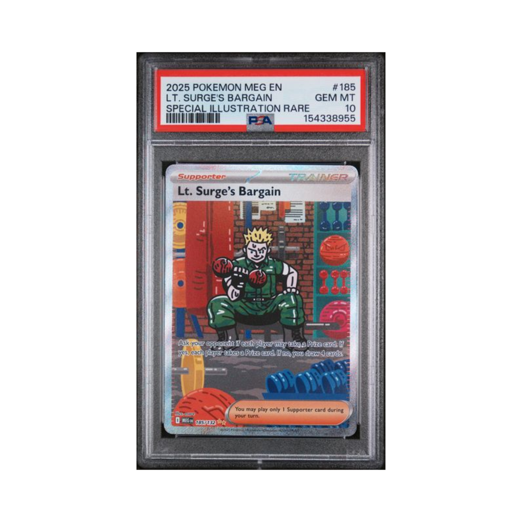 2025 POKEMON MEG EN-MEGA EVOLUTION #185 LT. SURGE'S BARGAIN SPECIAL ILLUSTRATION RARE PSA 10