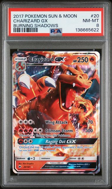 2017 POKEMON SUN & MOON BURNING SHADOWS #20 CHARIZARD GX PSA 8