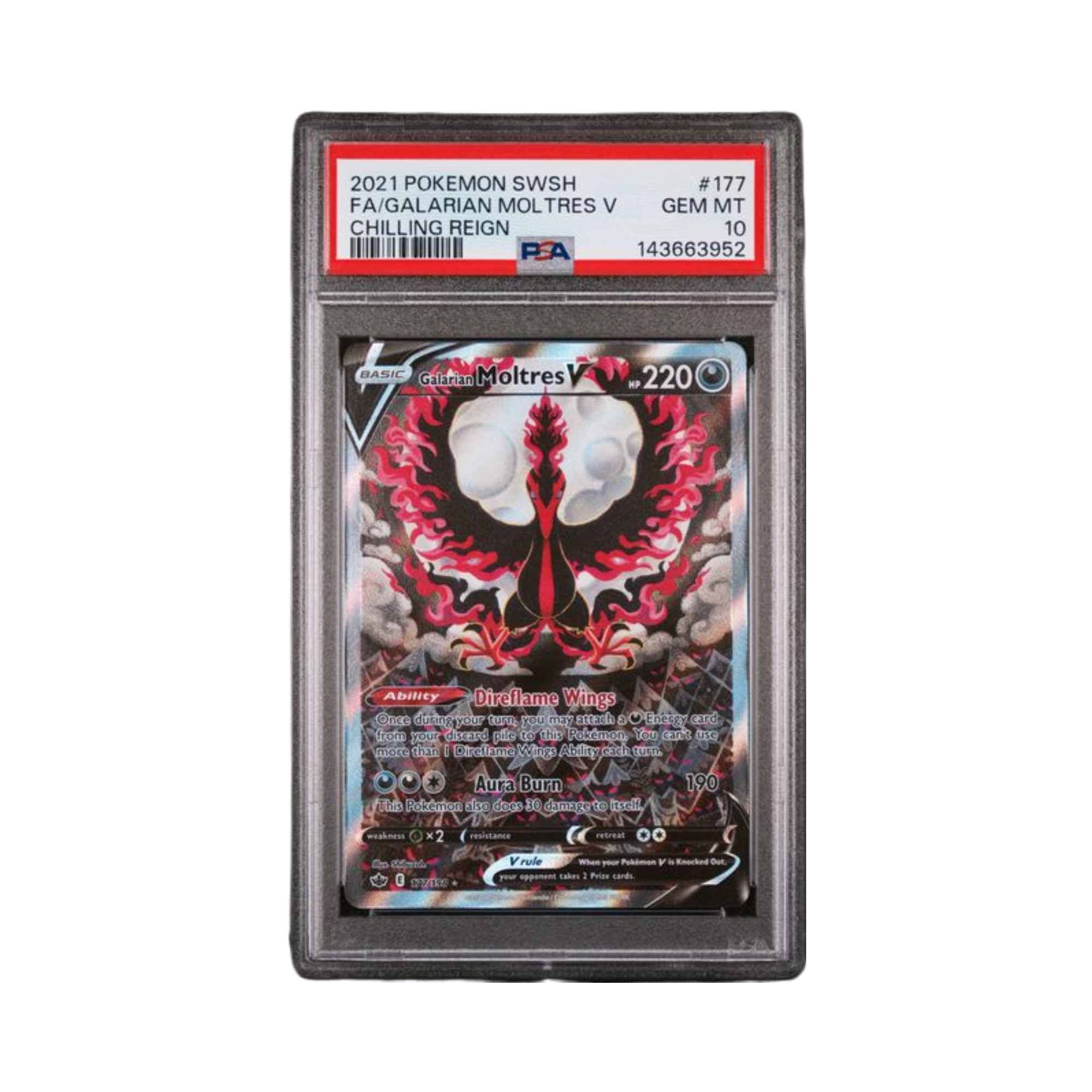 2021 POKEMON SWORD & SHIELD CHILLING REIGN #177 FA/GALARIAN MOLTRES V CHILLING REIGN PSA GEM MT 10