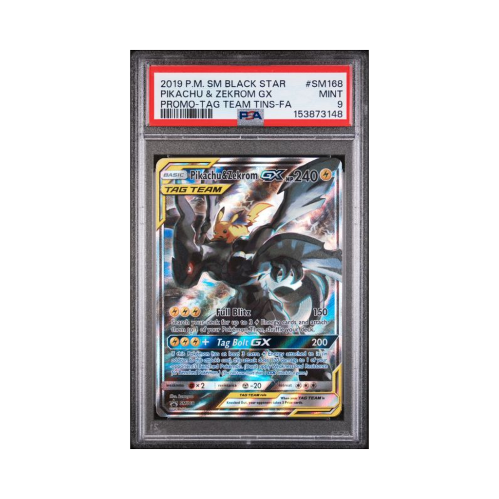 2019 POKEMON SM BLACK STAR PROMO #SM168 PIKACHU & ZEKROM GX PROMO-TAG TEAM TINS-FA PSA MINT 9